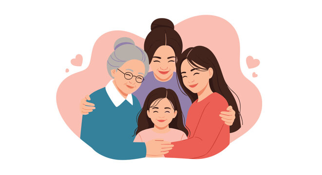Four generations of women from grandmother to granddaughter smiling together in a warm embrace for a happy family portrait.