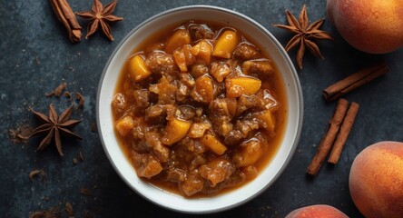 Fototapeta premium Peach chutney enhanced with raisins and a complex spice blend