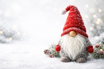 Naklejka premium Winter postcard featuring a red hat Scandinavian gnome standing on clean white backdrop with copy space