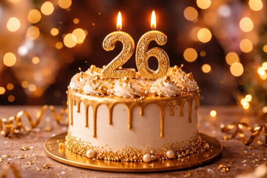 Festive 26th birthday cake featuring glowing candle flame and blurred bokeh backdrop