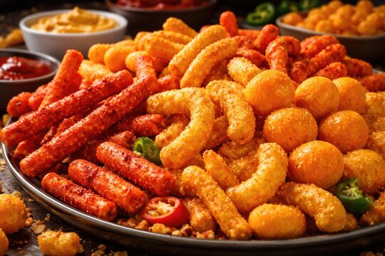 Variety of crunchy cheese puff corn snacks with bold flavors