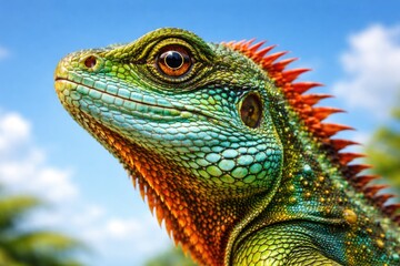 Fototapeta premium Bright tropical lizard head detail with sky blue background
