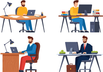 Fototapeta premium People Working at Desk Vector Illustration Set with Office Workers Using Computers, Remote Work, Freelance Jobs, and Business Workplace Scenes for Productivity Designs