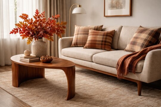 Stylish interior scene with a curved wooden side table featuring autumn red oak foliage in a vase alongside a linen midcentury couch with plaid cushions