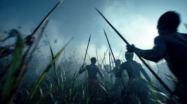 Warriors carrying spears charge through misty grasslands in what appears to be a cinematic battle scene.