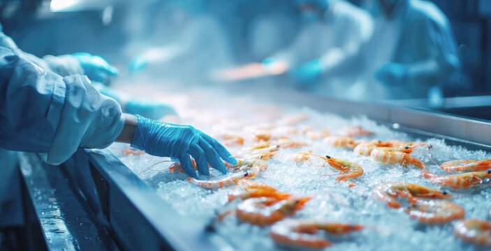 Workers wearing blue gloves sort fresh shrimp on crushed ice at a seafood processing facility.