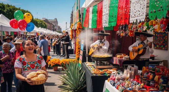 Mexican Street Market with Mariachi Band and Traditional Food Stalls