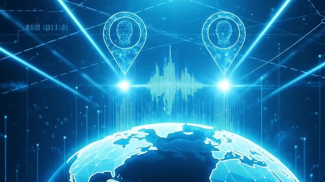Futuristic global network concept with blue glowing earth and head icons on map pins in a digital sound wave environment