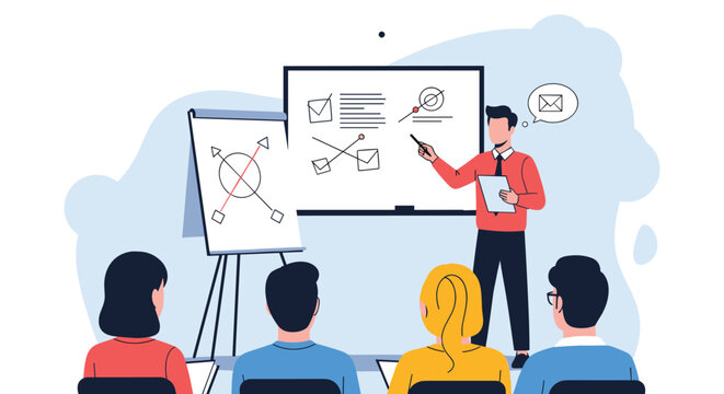 Professional instructor uses a whiteboard to explain complex business strategies and diagrams to a group of attentive students in a class.