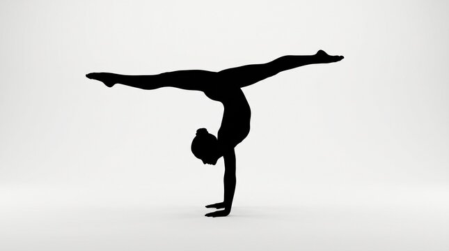 Silhouetted figure performing handstand with wide leg split, bright white background, minimalist composition emphasizing strength, balance, and flexibility.