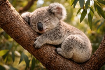 Fototapeta premium Young koala napping quietly on a tree branch