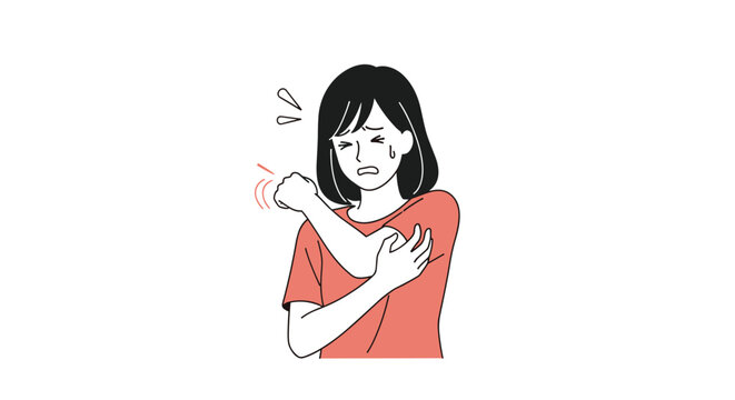 Young woman suffering from an itchy skin condition or allergic reaction while scratching her arm with a distressed facial expression.