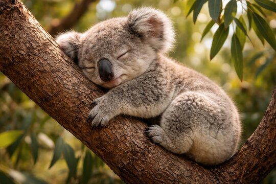 Young koala napping quietly on a tree branch