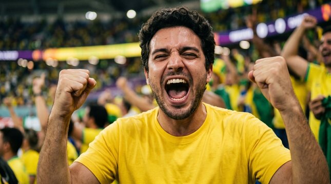 A Brazilian football fan celebrating a goal in the stadium. Concept of support and passion for the sport.