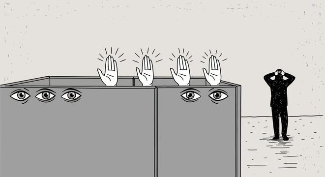 Gray illustration of man praying while others watch in bathroom