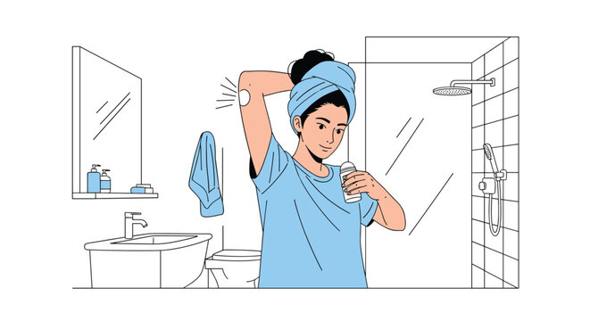 Young woman in her bathroom applying deodorant to her underarm as part of her daily hygiene and personal care routine.