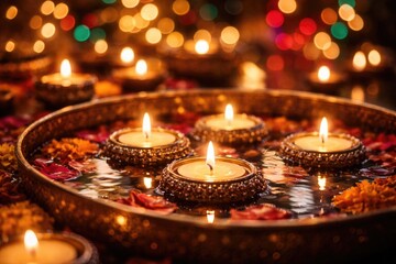 Obraz premium Warm Diwali ambiance with illuminated floating candles and colorful bokeh lighting