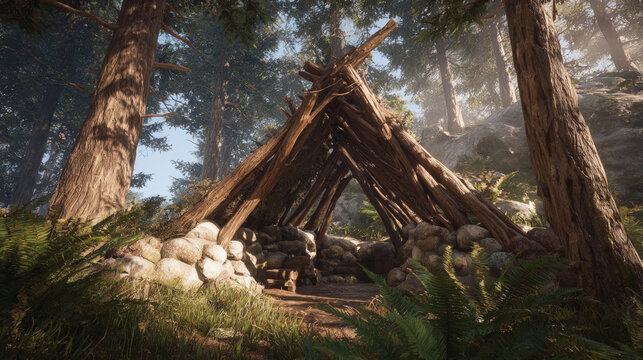 A primitive wooden lean-to shelter built with logs and stones in a misty forest setting.