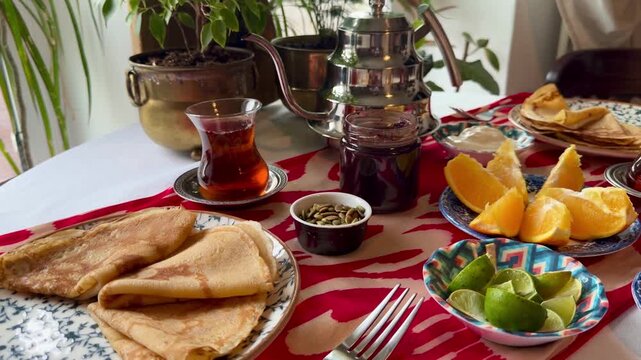Gourmet expensive red caviar served in a blue dish presents pure luxury dining at a traditional Maslenitsa holiday table, premium salted salmon roe and fresh homemade pancakes for a chic morning feast