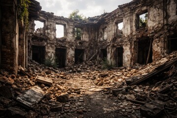 Naklejka premium Crumbling walls of derelict building surrounded by broken debris in daylight copy space
