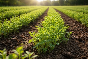 Obraz premium Fresh green lentil sprout rows flourishing under natural sunlight in a farm field