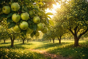 Fototapeta premium Lush orchard full of ripe green apples in summer light