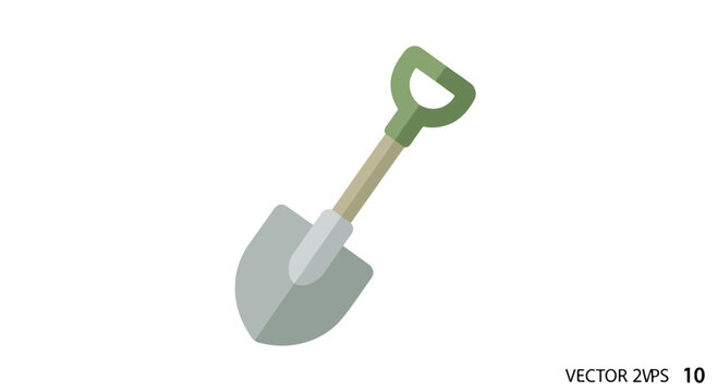 Vector illustration of a garden shovel with a green handle and wooden shaft on a white background.