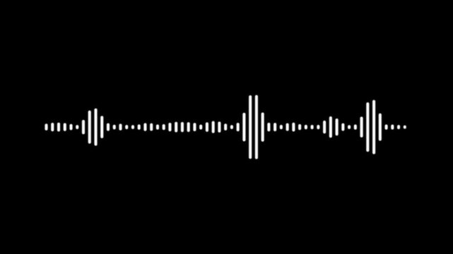 Sound wave animation, audio visualizer spectrum, black background chroma key, white waveform lines, music equalizer bars, digital audio frequency visualization, seamless 4k loop animation