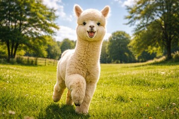 Fototapeta premium Joyful pet alpaca running across lush green lawn full length summer day