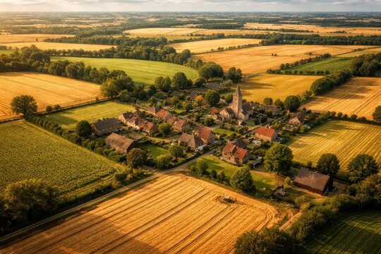 Aerial view of a small rural hamlet surrounded by abundant harvest fields