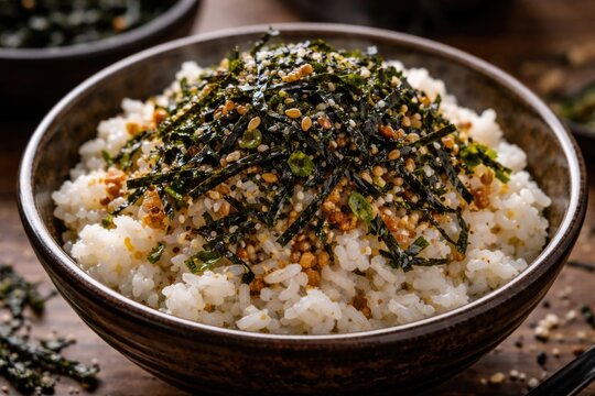 Rice with shredded seaweed and plant based furikake seasoning