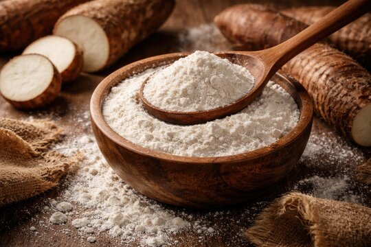 Brown wooden spoon and bowl holding organic tapioca flour surrounded by dry cassava