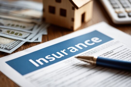 a close up, high angle shot of a home insurance setup on a wooden background central to the composition is a document with a prominent blue header reading "insurance" Generative AI