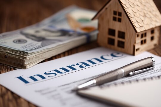 a close up, high angle shot of a wooden table featuring a house insurance policy form, a small wooden house cutout, a silver pen, a stack of us dollar bills, and a white notepad Generative AI