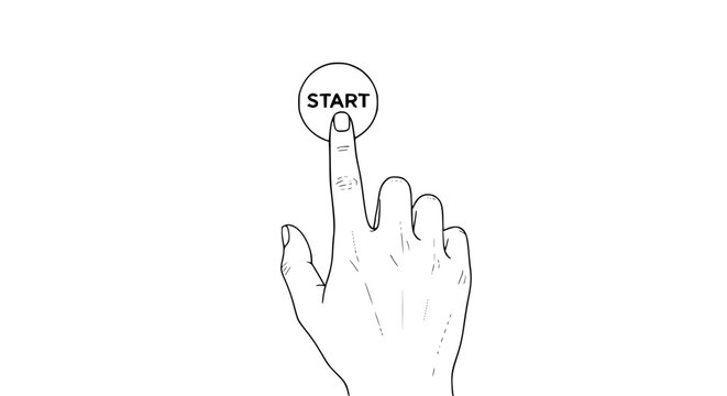 Single hand illustration graphic design pushing a round button labeled "START" representing initiation or beginning of a project or process