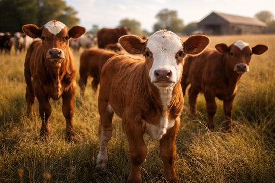 Inquisitive farm animals showcasing beefmaster calves in open field