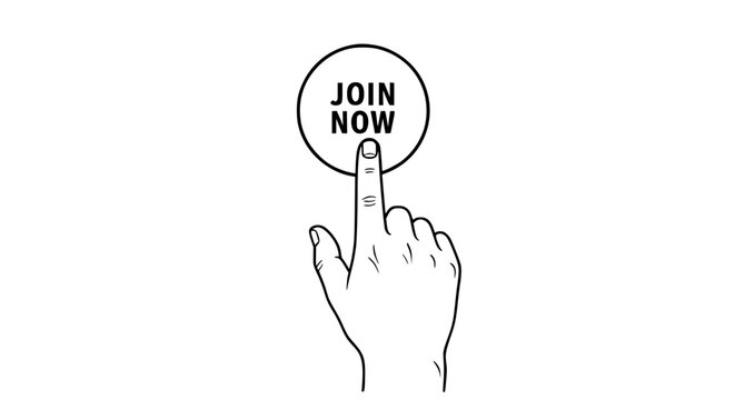 Hand touching a round button with text "JOIN NOW" in a simple vector illustration graphic design representing action and engagement