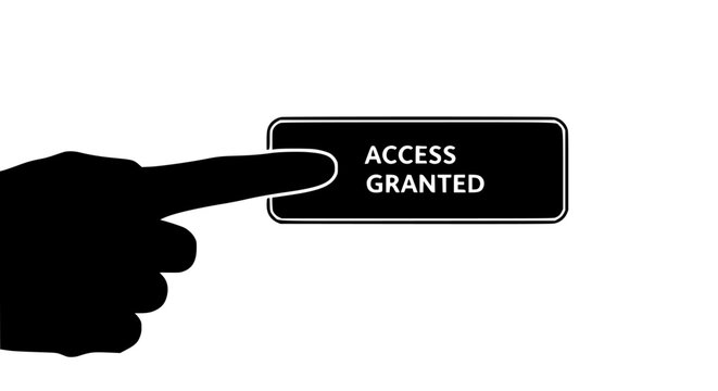 Access granted button vector illustration featuring a human finger pressing a digital interface control element for secure online authentication and system verification on white background
