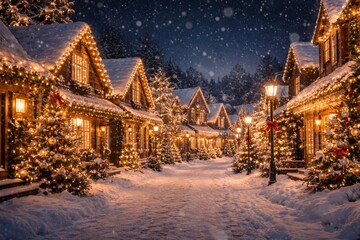 Obraz premium Charming nighttime winter townscape featuring snowfall and houses decorated with bright Christmas lights