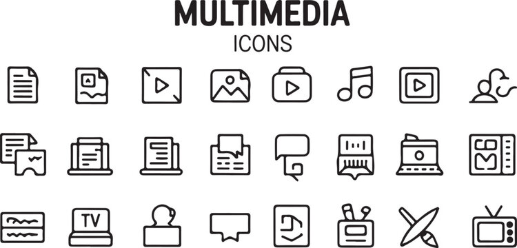 Multimedia icons collection showing play buttons videos audio music files documents and media player elements for web and apps.