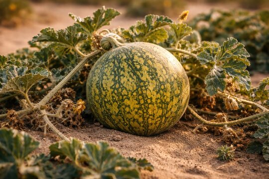 Detailed view of mature Citrullus colocynthis fruit surrounded by stems and leaves on desert sand