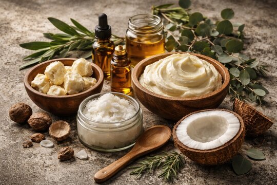 Natural ingredients for body butter on a rough concrete backdrop