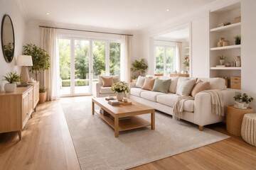 Fototapeta premium Brightly updated living room with smooth wooden floor and recently painted walls in a residential property