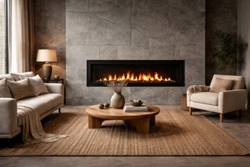 Naklejka premium Contemporary living space with fireplace frame and wicker carpet on gray stone backdrop