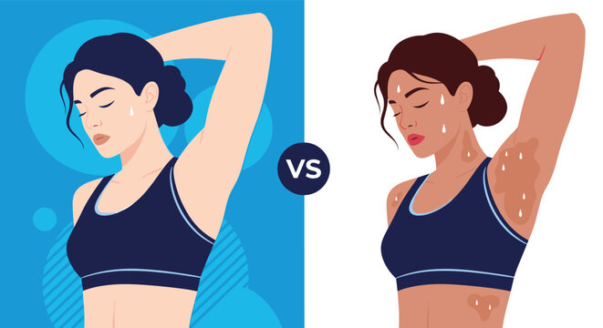 Comparison between two women exercising with different levels of sweat production to illustrate underarm wetness and hygiene concerns in sports.