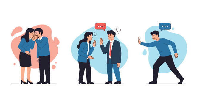 Three scenes depicting social interaction problems starting with gossiping, followed by conflict, and finally setting boundaries by walking away.