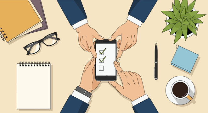 High angle view of four business people hands interacting with check marks on a smartphone screen over a messy office desk for teamwork.