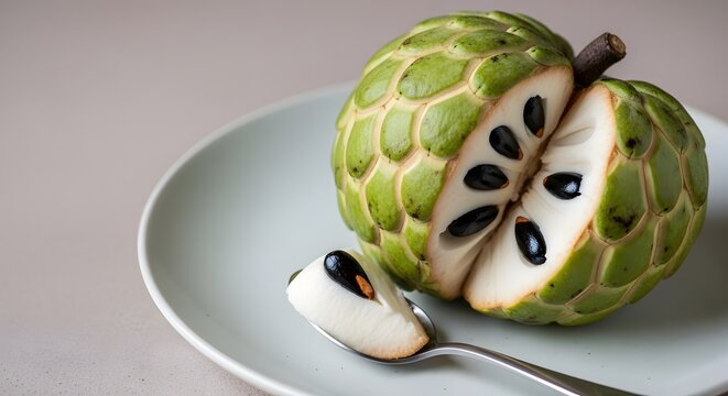 Custard Apple Fruit Served on Plate with Spoon
