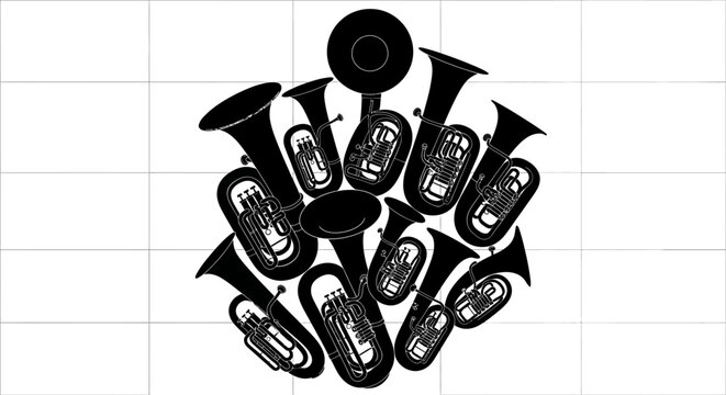 Collection of various brass wind musical instruments including tubas euphoniums and baritone horns artistically arranged in a circular pattern against a clean white background