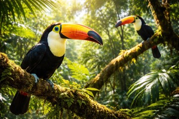 Obraz premium Colorful toucan birds perched among dense rainforest trees on a bright sunny day